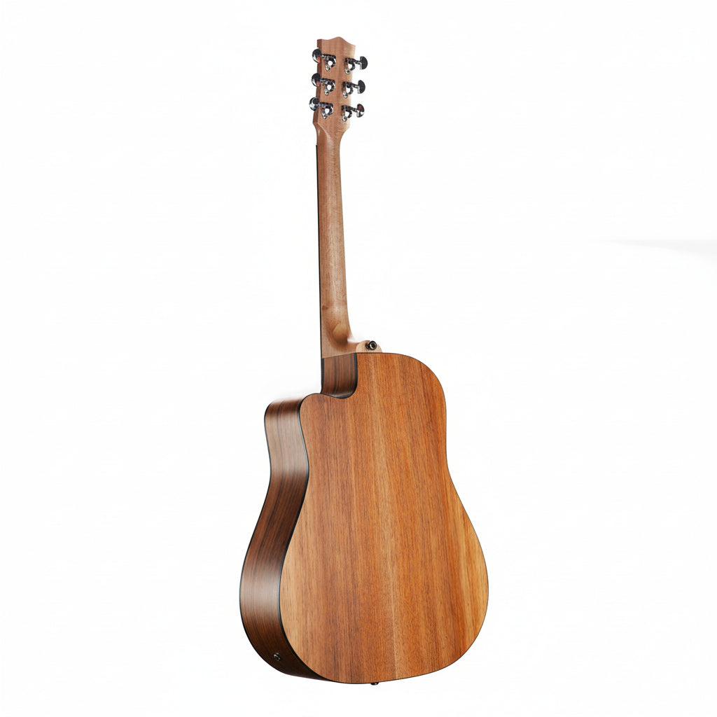 Wooden acoustic guitar on a white background