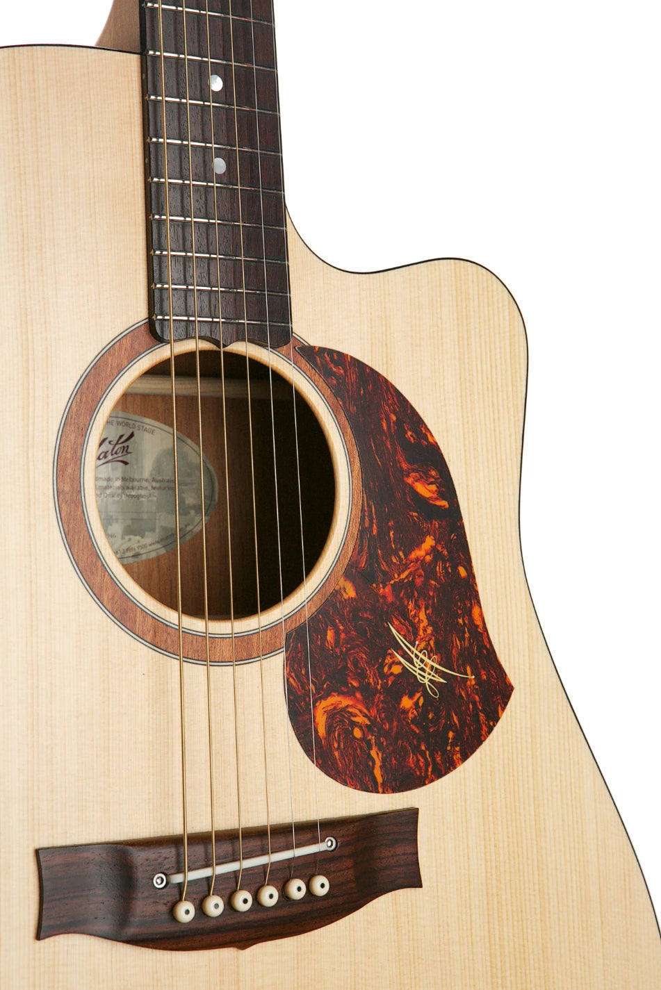 Close-up of a acoustic guitar with tortoiseshell pickguard on a white background