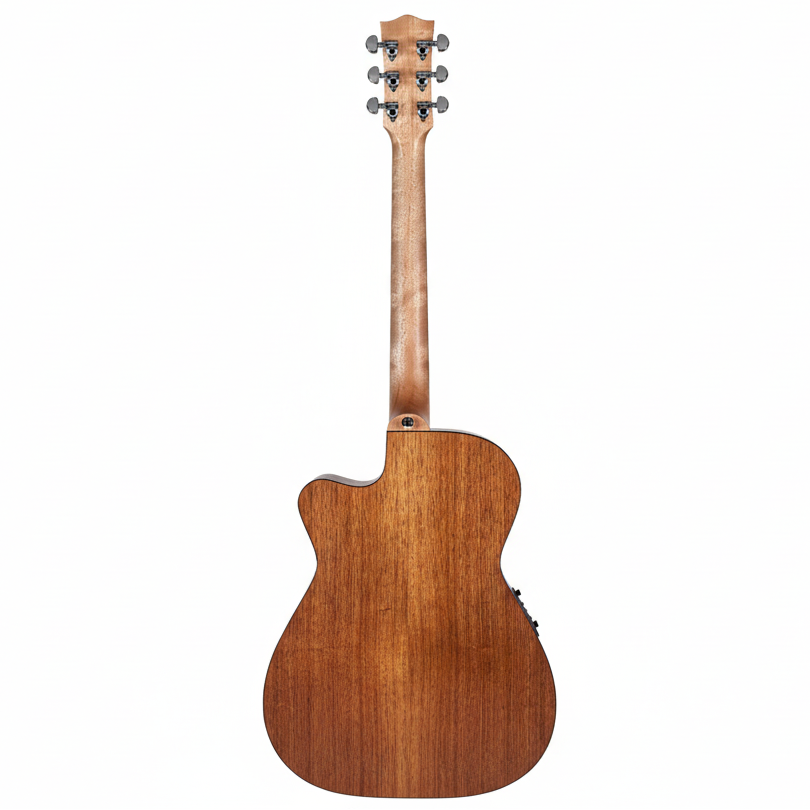 Acoustic guitar with a wooden finish on a white background