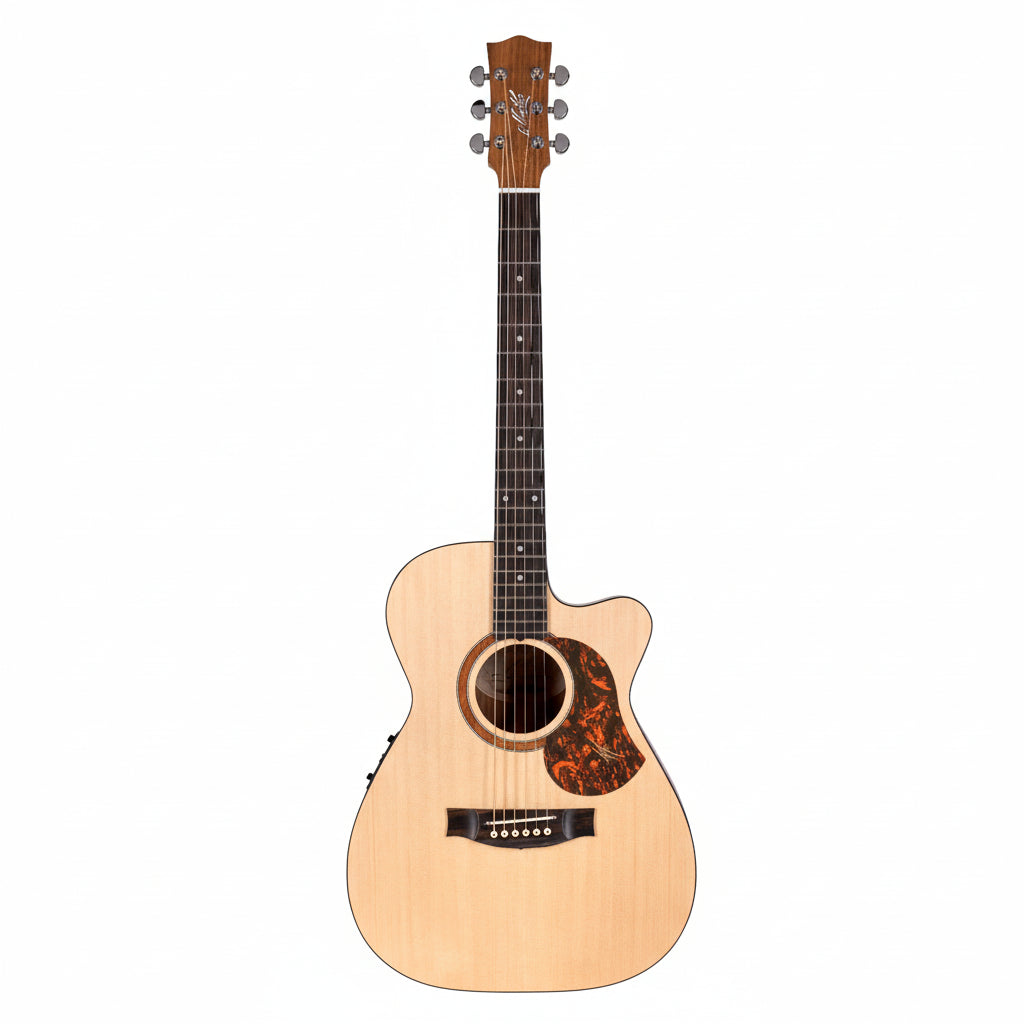 Acoustic guitar with a flame maple top on a white background