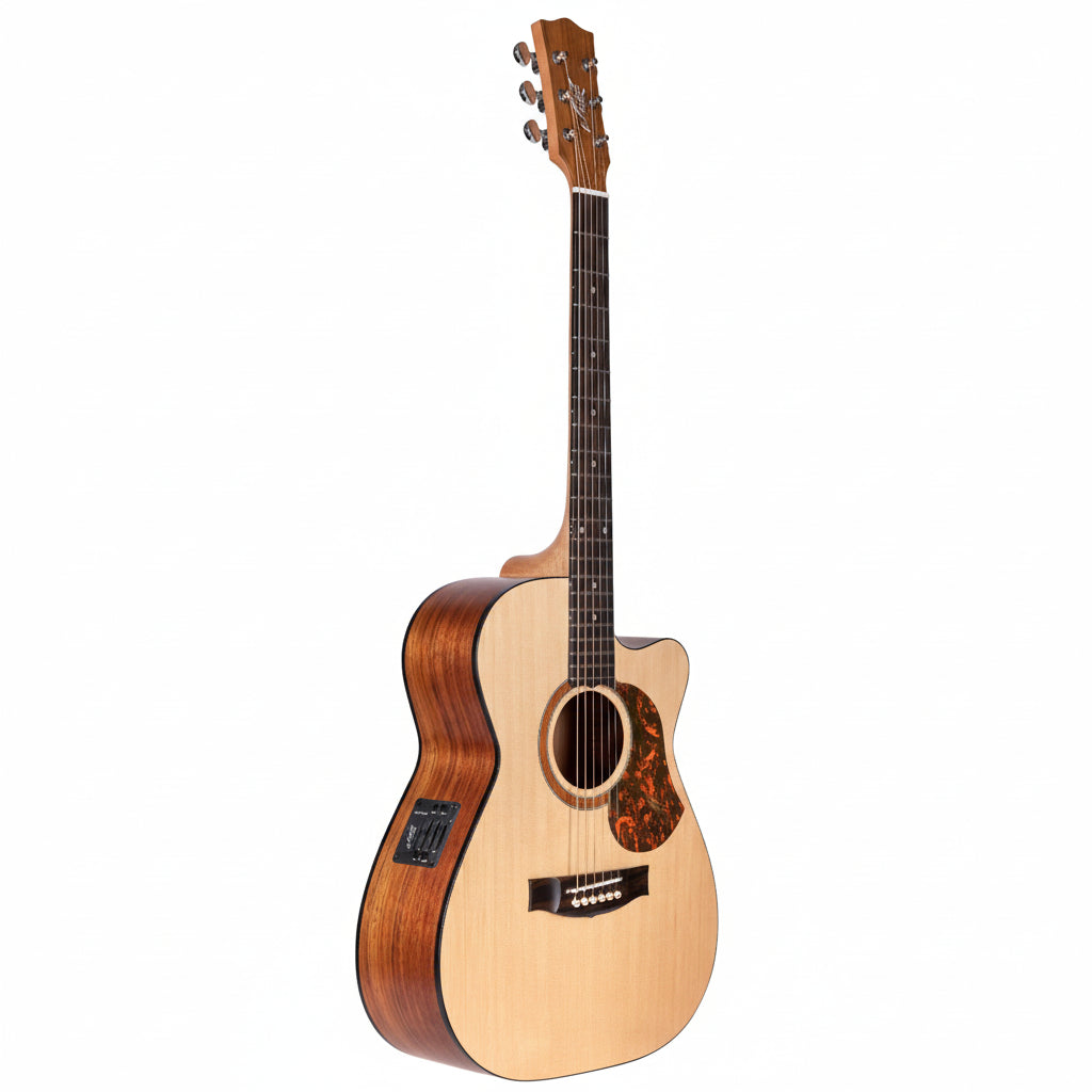 Acoustic guitar with a wooden body and neck on a white background