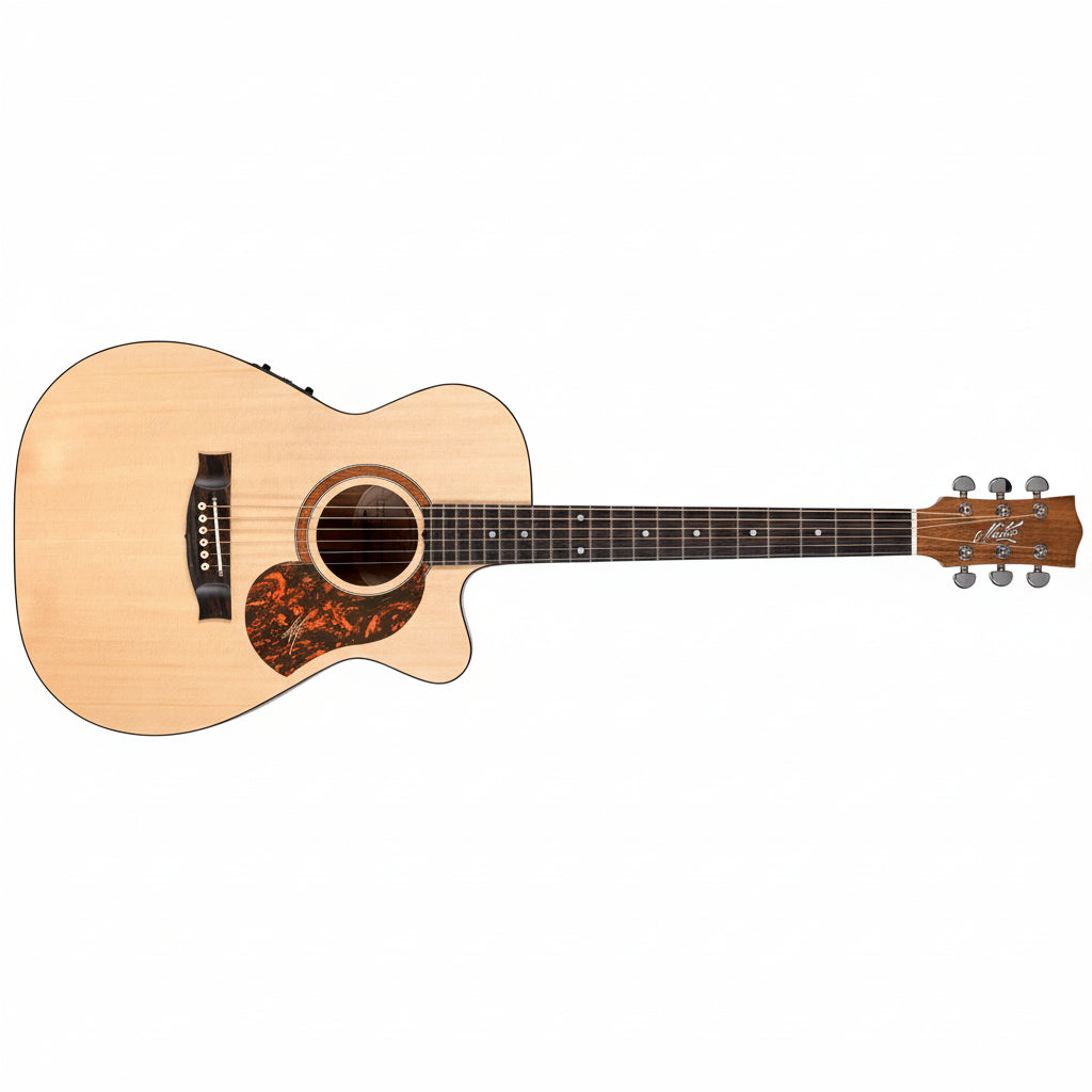 Acoustic guitar with a flame maple top on a white background