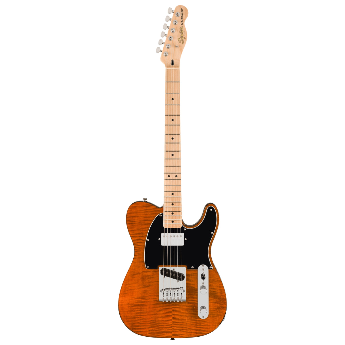 Electric guitar with a wooden body and maple neck on a white background