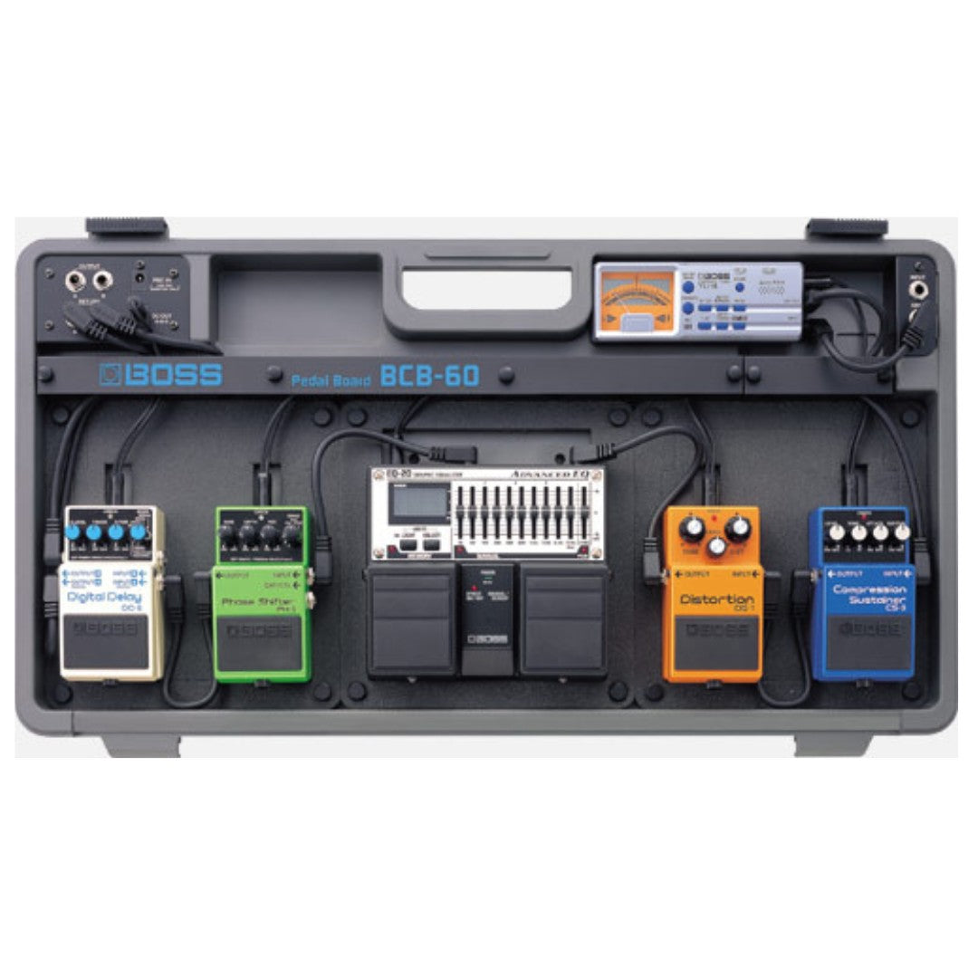Boss BCB-60 guitar effects pedal board with multiple pedals on a white background