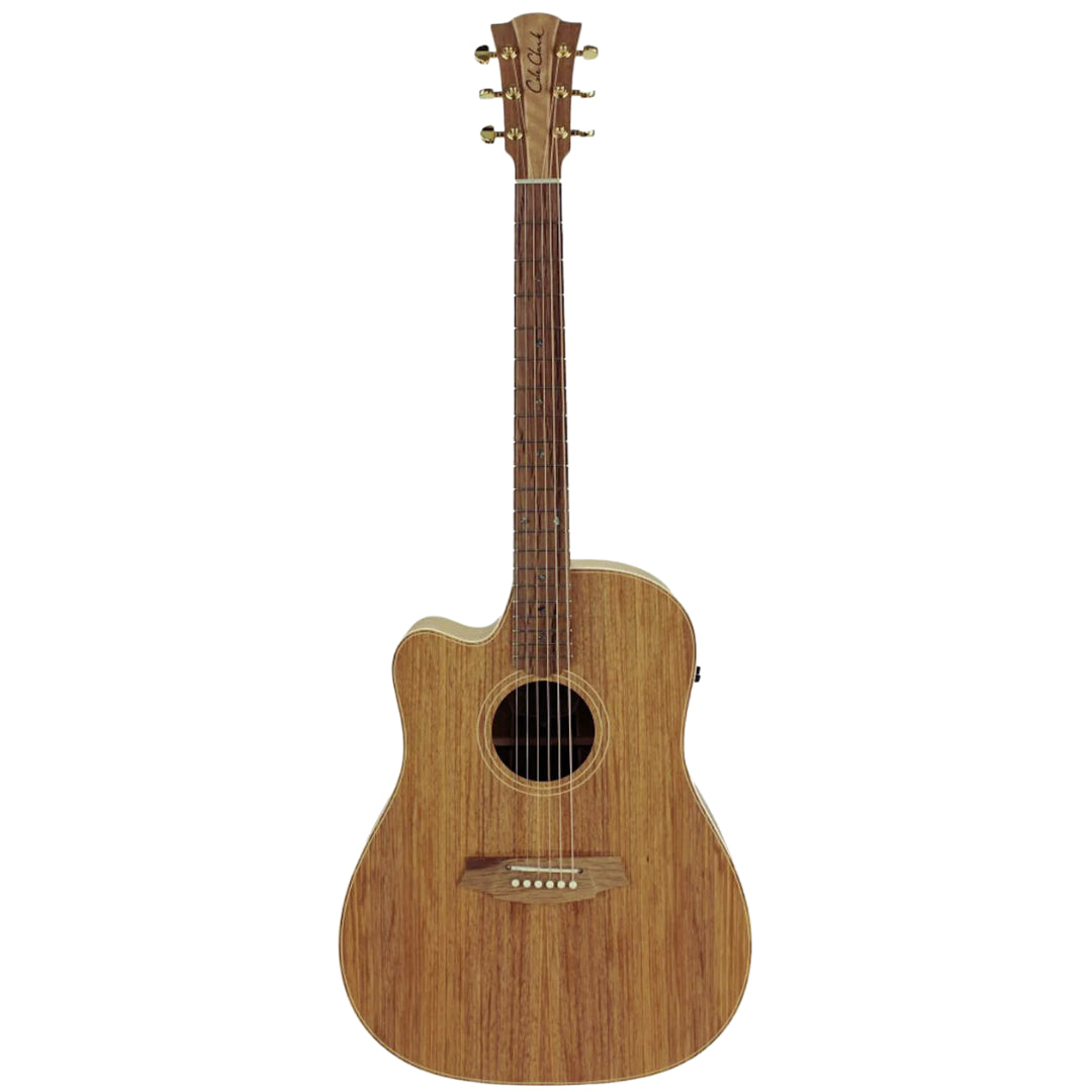 Wooden acoustic guitar on a white background