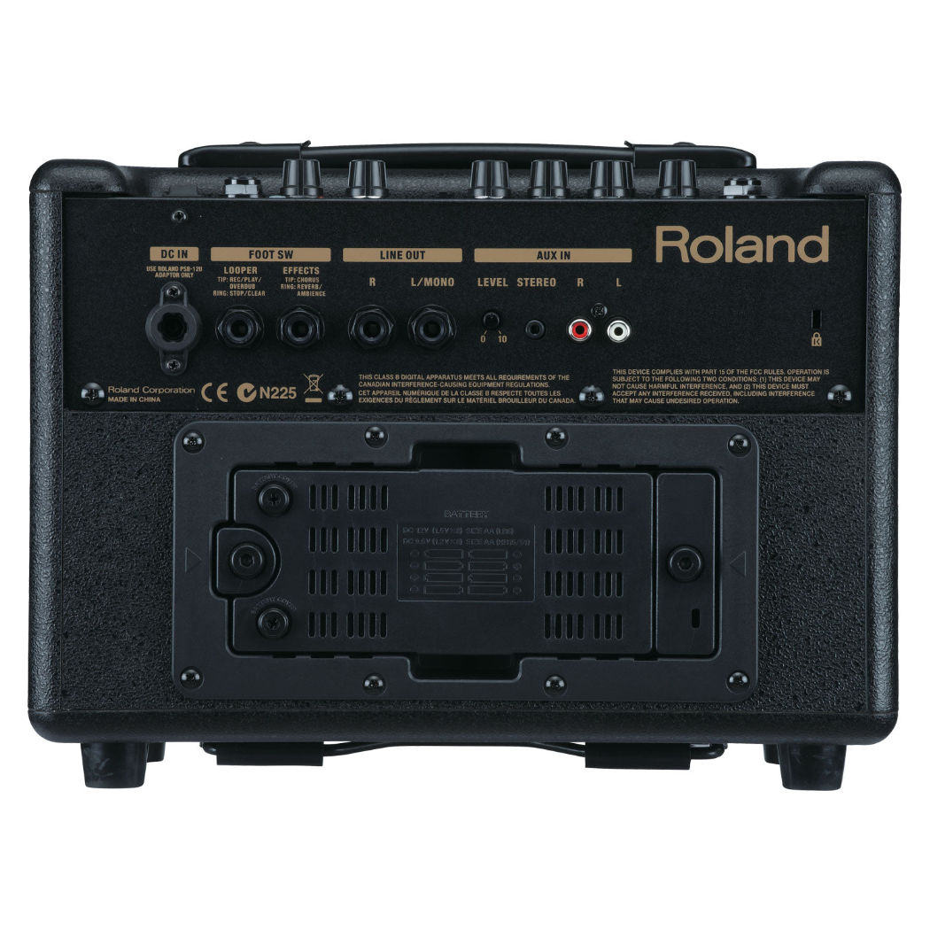 Back panel of a Roland amplifier with various connectors and branding.