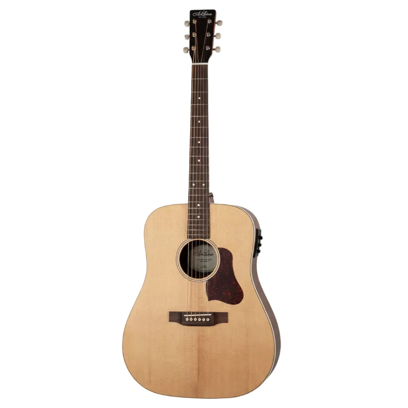 Acoustic guitar with a visible brand logo on a white background
