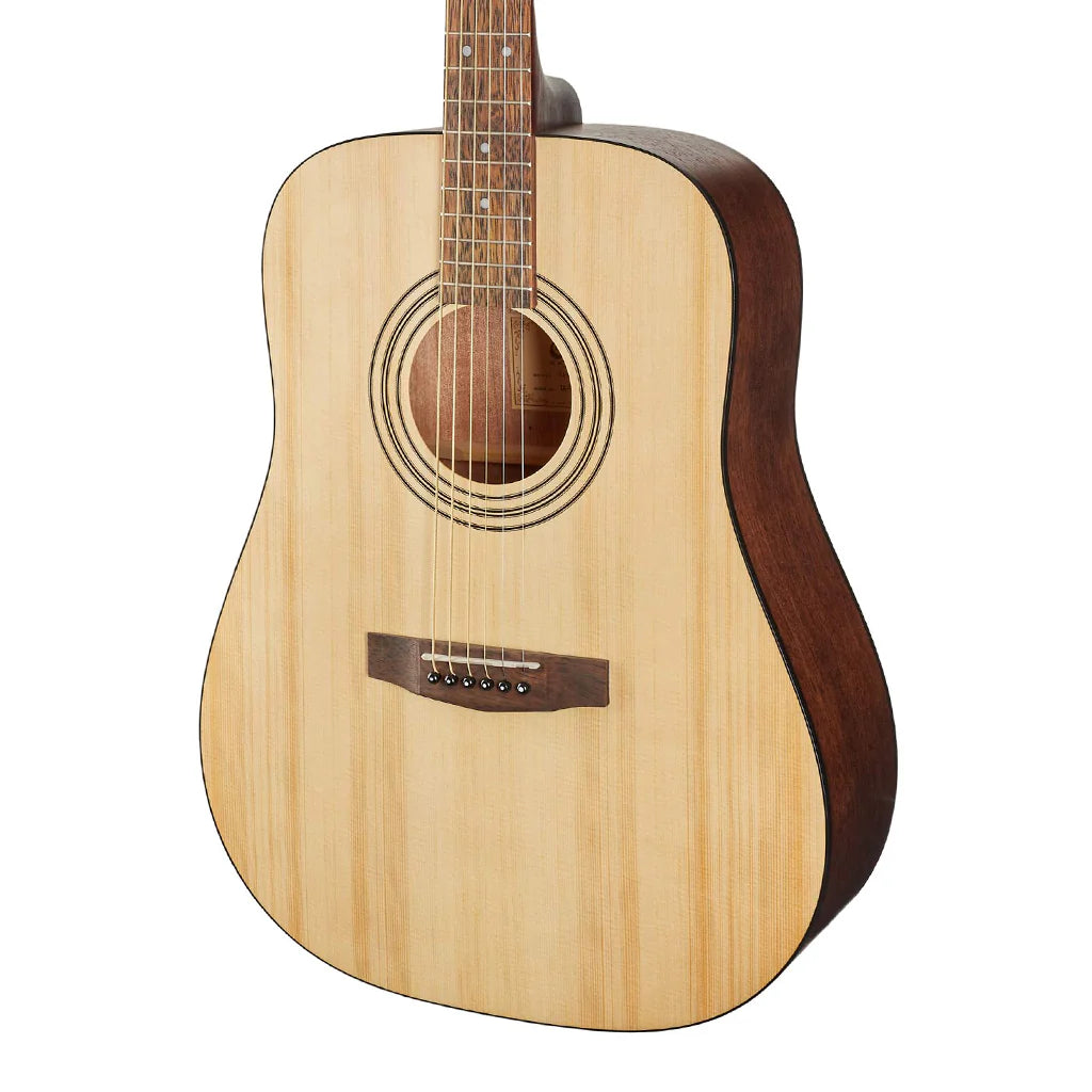 Acoustic guitar with wooden body and dark brown neck on a white background