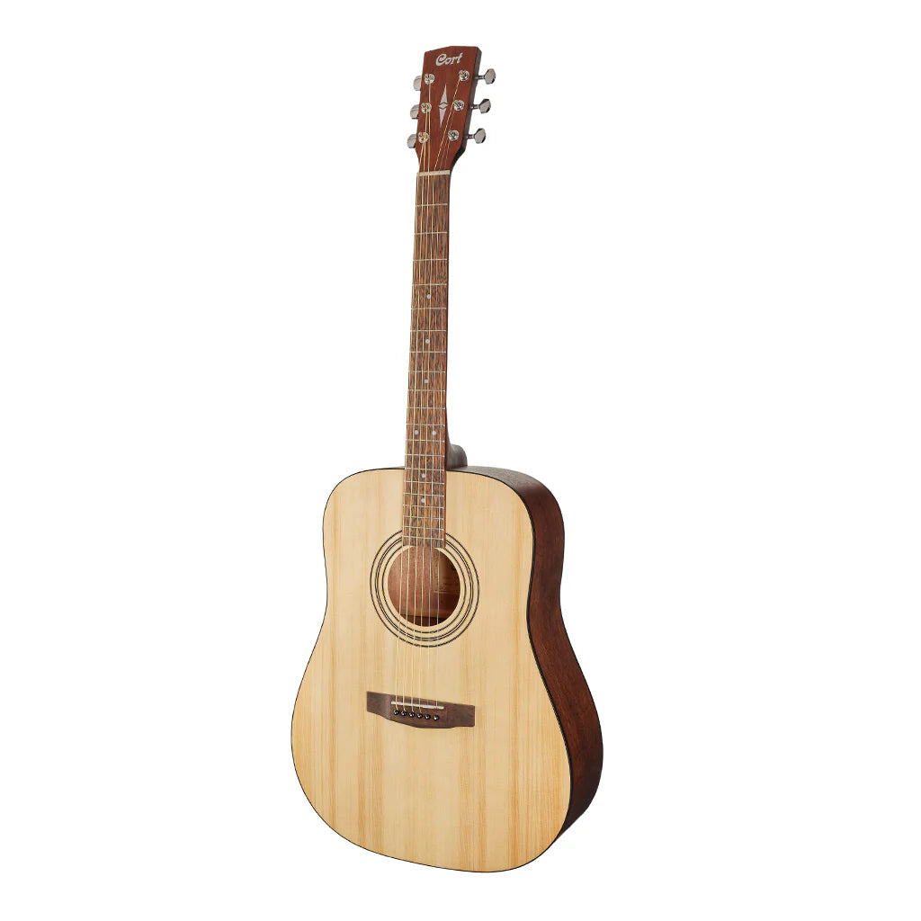 Acoustic guitar with a wooden body and brown neck on a white background
