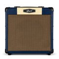 Guitar amplifier with blue and beige design on a white background