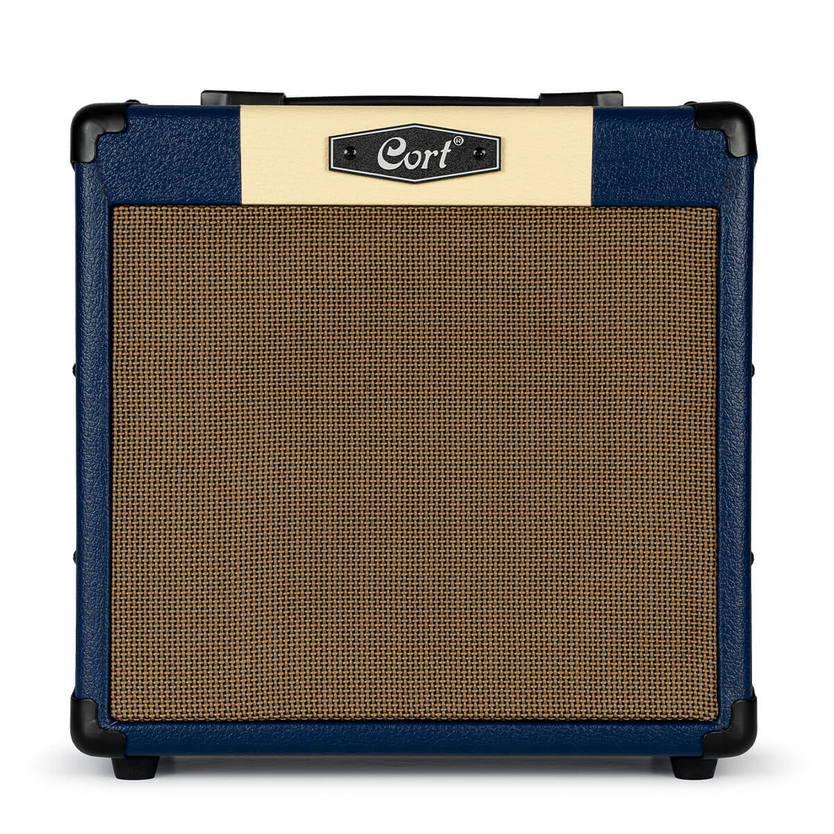 Guitar amplifier with blue and beige design on a white background