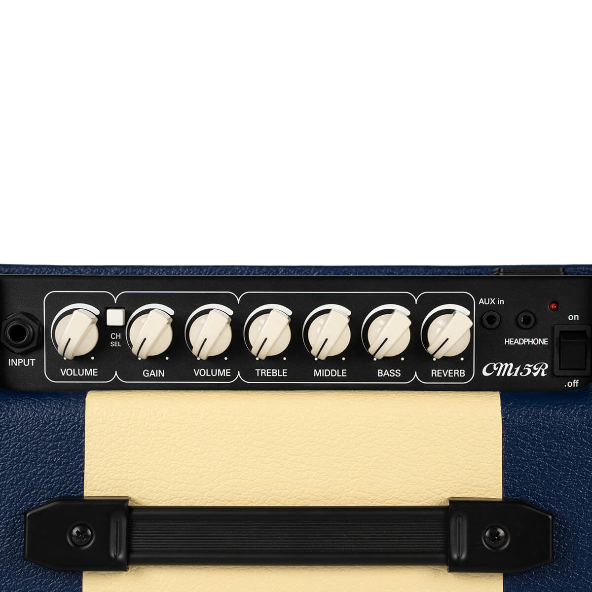 Close-up of a guitar amplifier head with control knobs and branding.