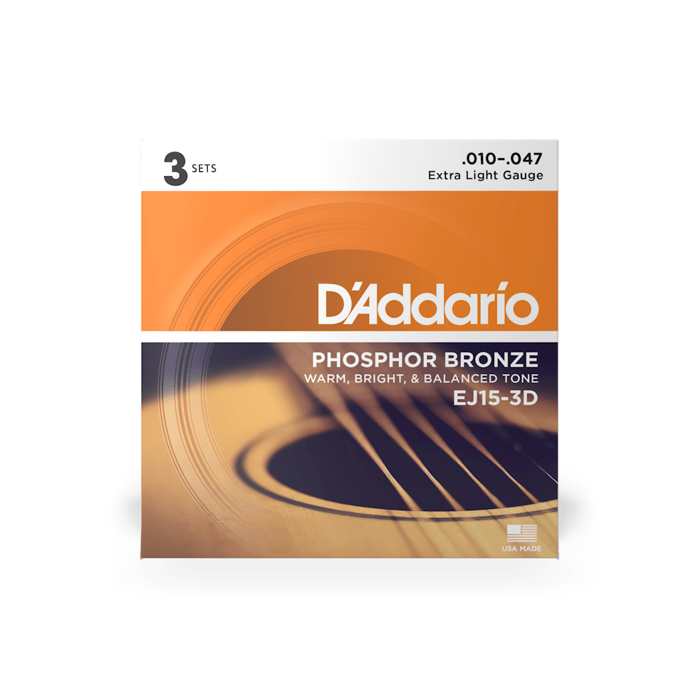 D'Addario EJ15-3D 3-Pack Acoustic Strings 10-47 Phosphor Bronze Extra Light
