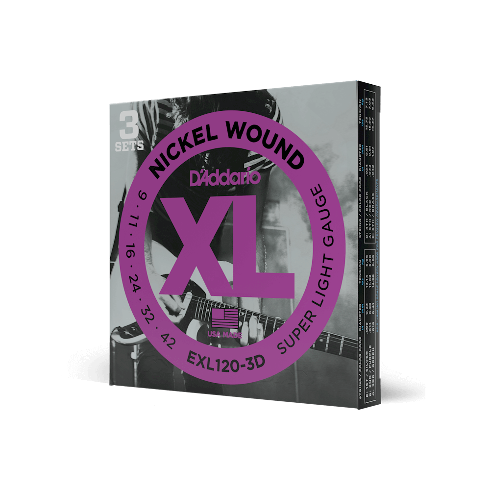 D'Addario EXL120-3D 3-Pack Electric Strings 09-42 Nickel Wound Super Light