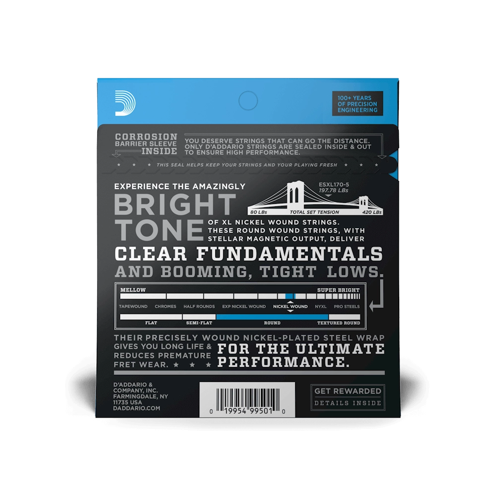 D'Addario EXL170-5 5-String Bass Strings 45-130 Nickel Round Wound Soft Long Scale