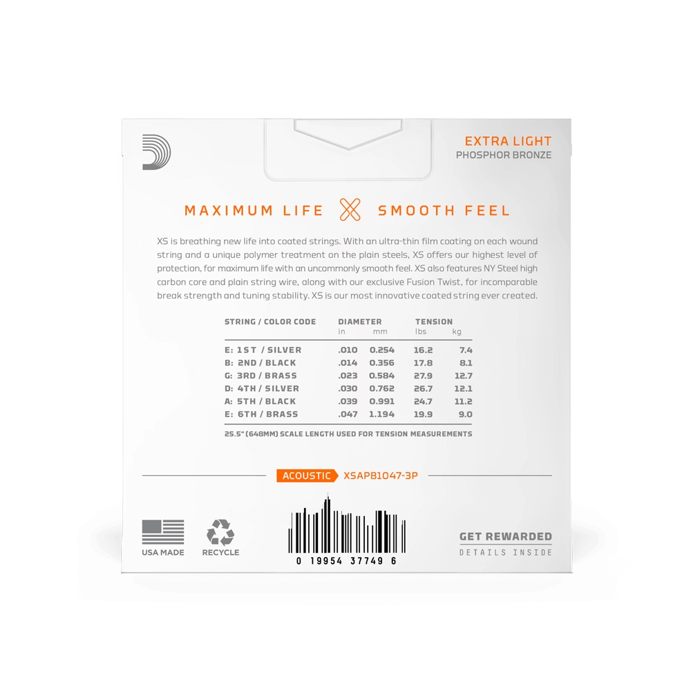 D'Addario XSAPB1047-3P 3-Pack Acoustic Strings 10-47 Phosphor Bronze Coated Extra Light