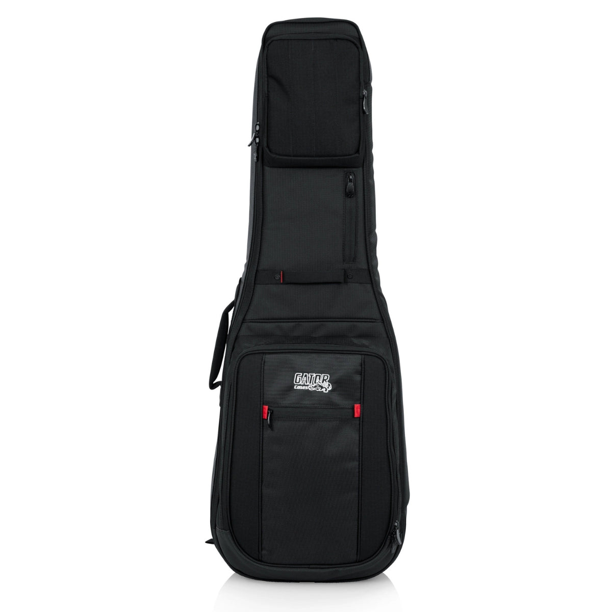 Black guitar case with a visible brand logo on a white background