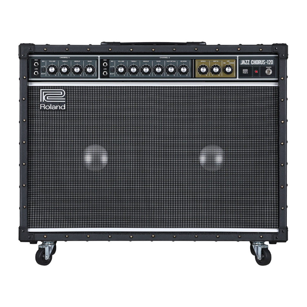 Roland guitar amplifier with 'Jazz Chorus-120' model on a white background