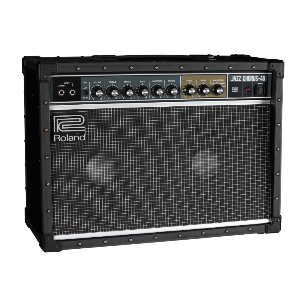 Roland guitar amplifier with control panel and grid design