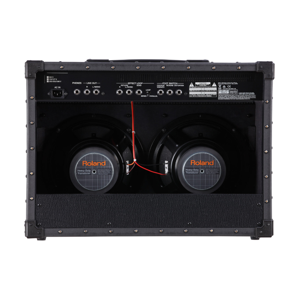 Roland guitar amplifier back panel with speaker drivers