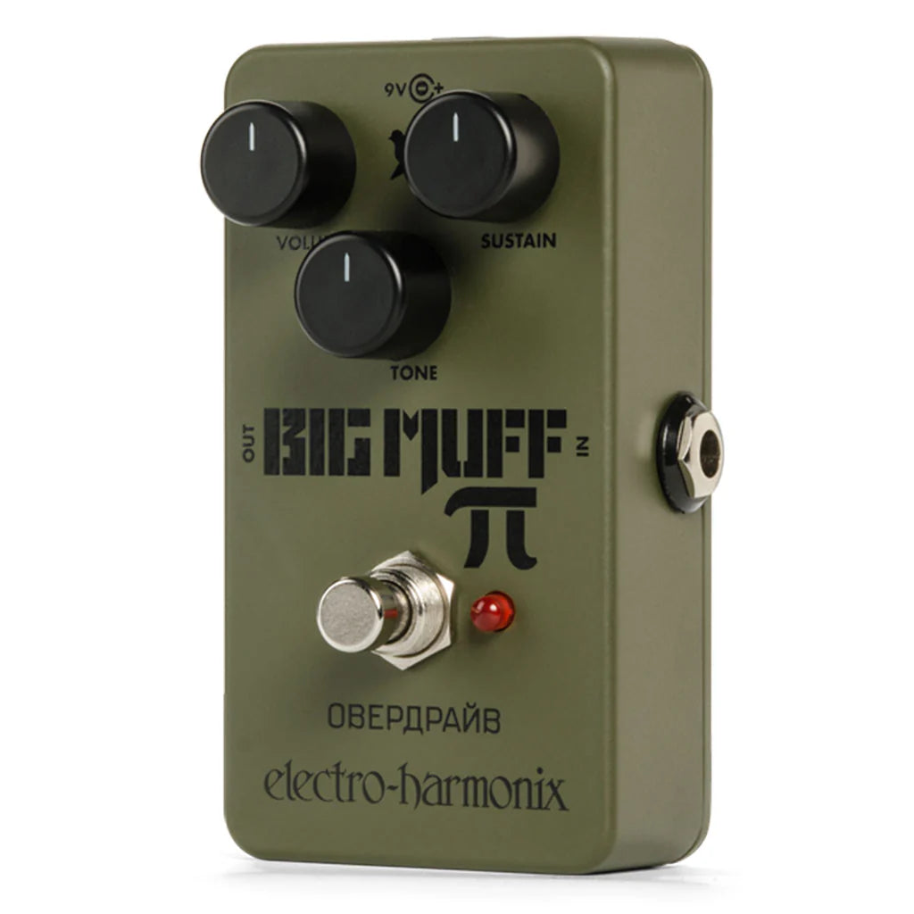 Green guitar effects pedal with 'Big Muff Pi' logo on a white background