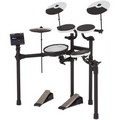 Electronic drum set with drums and stands on a white background