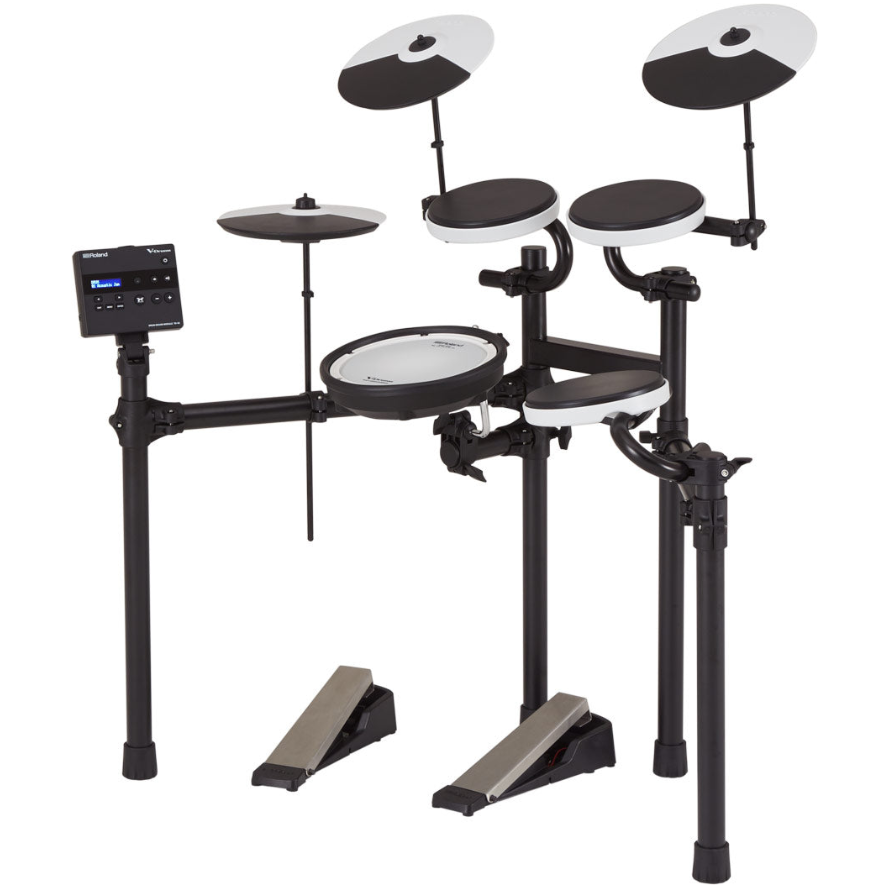Electronic drum set with drums and stands on a white background