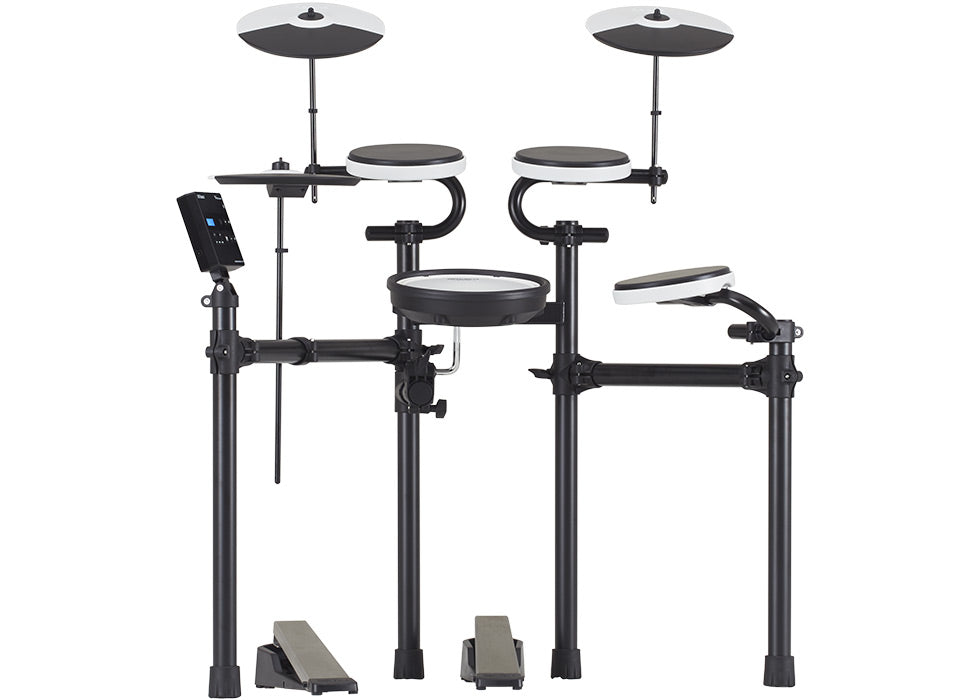 Electronic drum set with stands and pedals on a white background