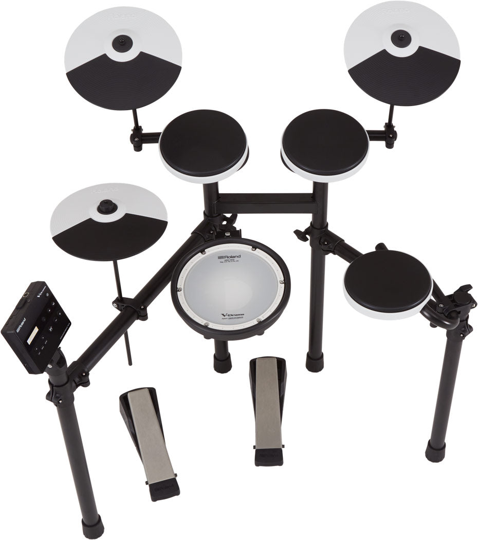 Electronic drum set with multiple drums and stands on a white background