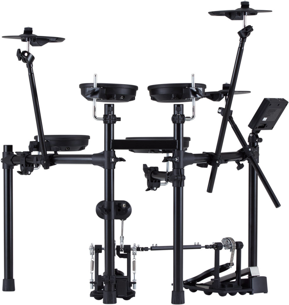 Black electronic drum set on a white background