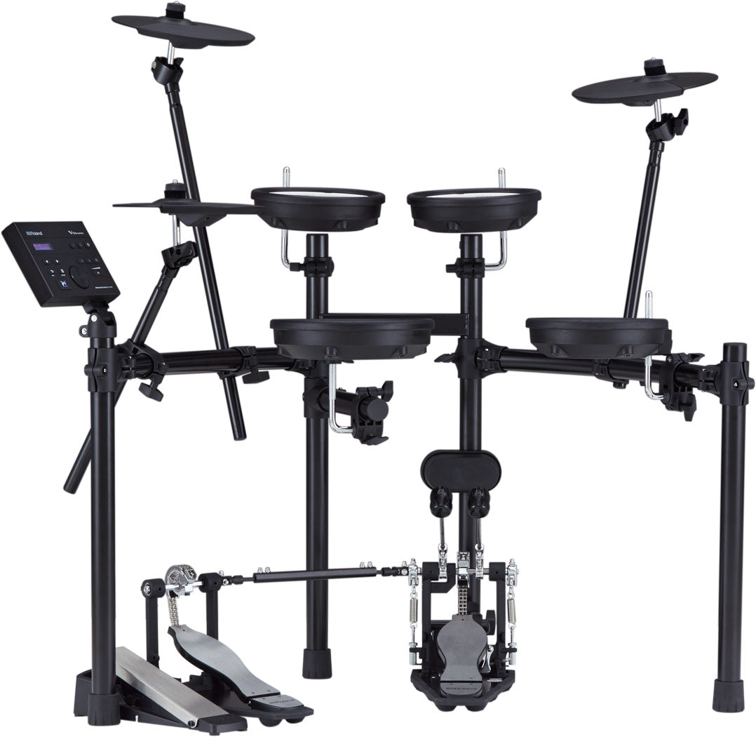 Electronic drum set with various drums and a stand on a white background